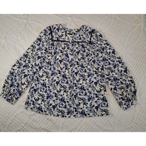 Talbots Size Large Blue Floral Chiffon Blouse Womens Long Sleeve Popover NWT